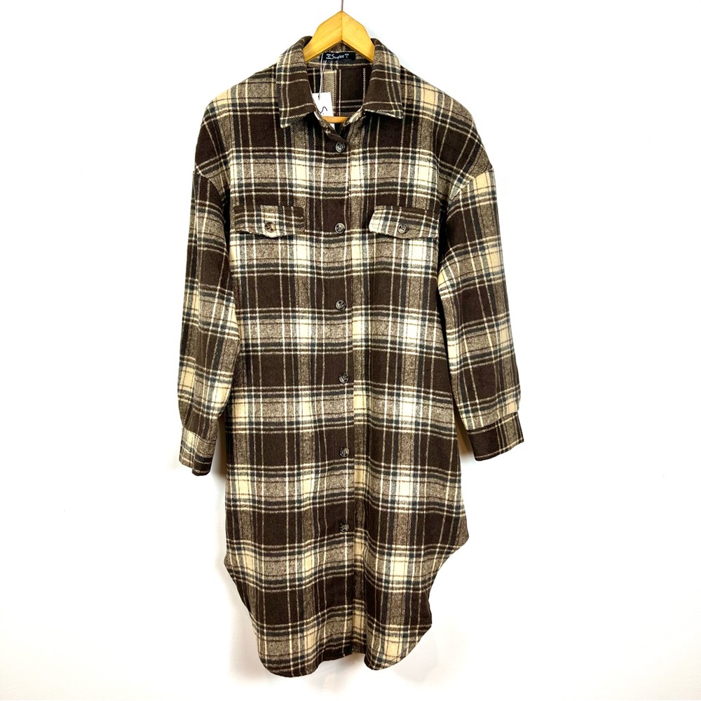 Simplee Large Casual Flannel Plaid Button Down Jacket Long Sleeve Lapel Pocketed